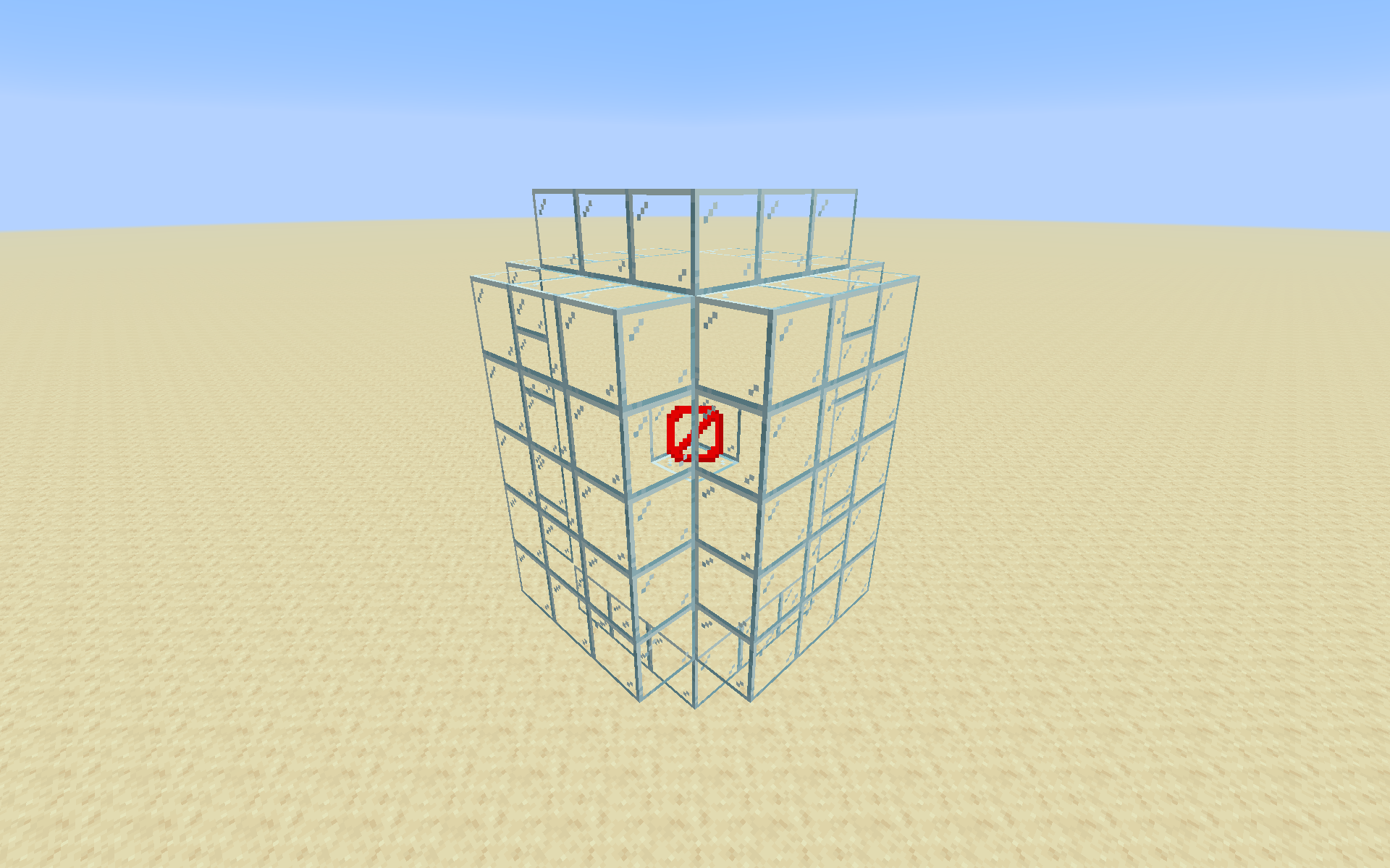 Visualization of the effect of Multimine V, with a barrier as the block mined by the user, and glass as the blocks broken by Multimine.