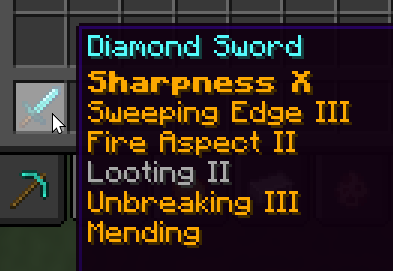 An image showing a depiction of a maximum enchanted diamond sword with the maximum level enchantments in gold and the enchantments that are above maximum in bold. The enchantments that are not maximum level are left to the standard gray.