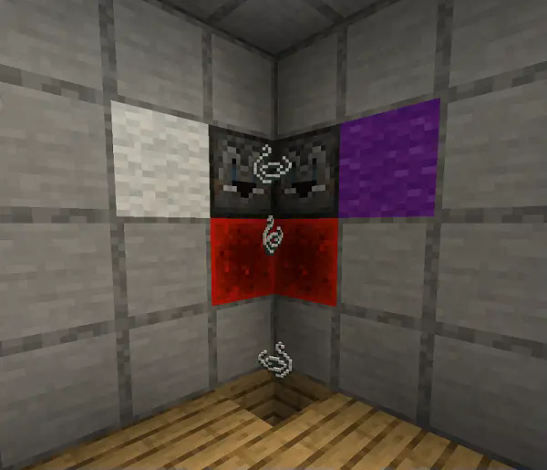 String Duper block example usage. Redstone powering the block and wool silencing the noise. String falls in a stream downwards.