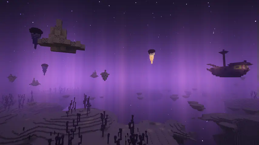 Several small islands and spikes floating in the End with an End ship in the background, with shaders