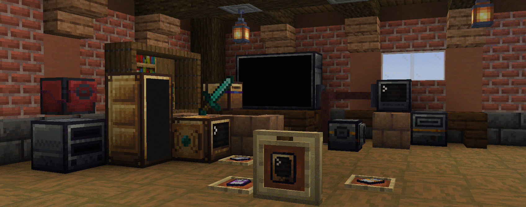 An indoor brick-walled room with a TV set in the corner, a computer on a desk nearby, floppy disks scattered on the floor and various computer peripherals stacked behind the couch