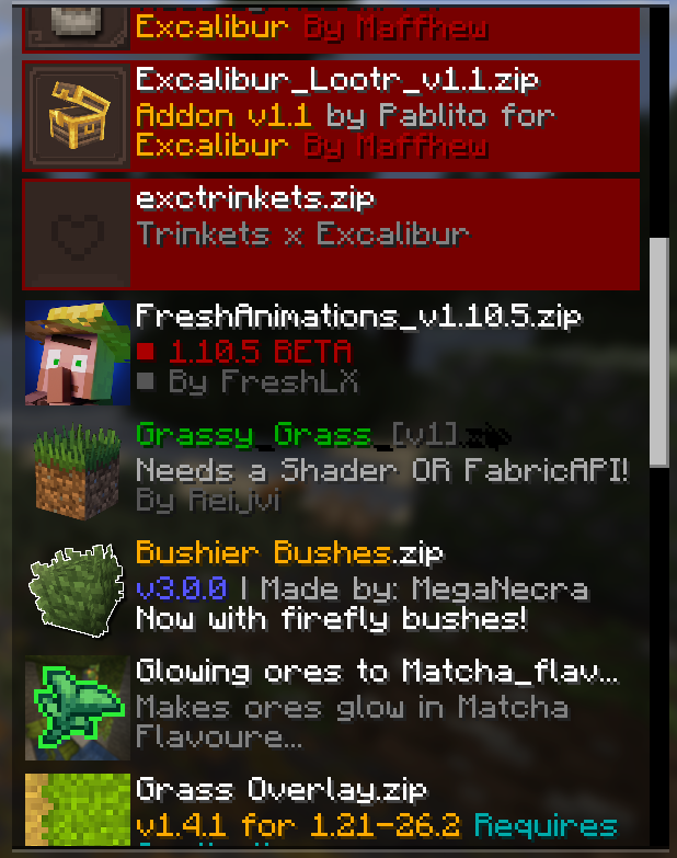 second page of resource packs. 6. toms simple storage 7. excalibur lootr 8. fresh animations 9. grassy grass 10. bushier bushes 11. glowing ores matcha 12. grass overlay
