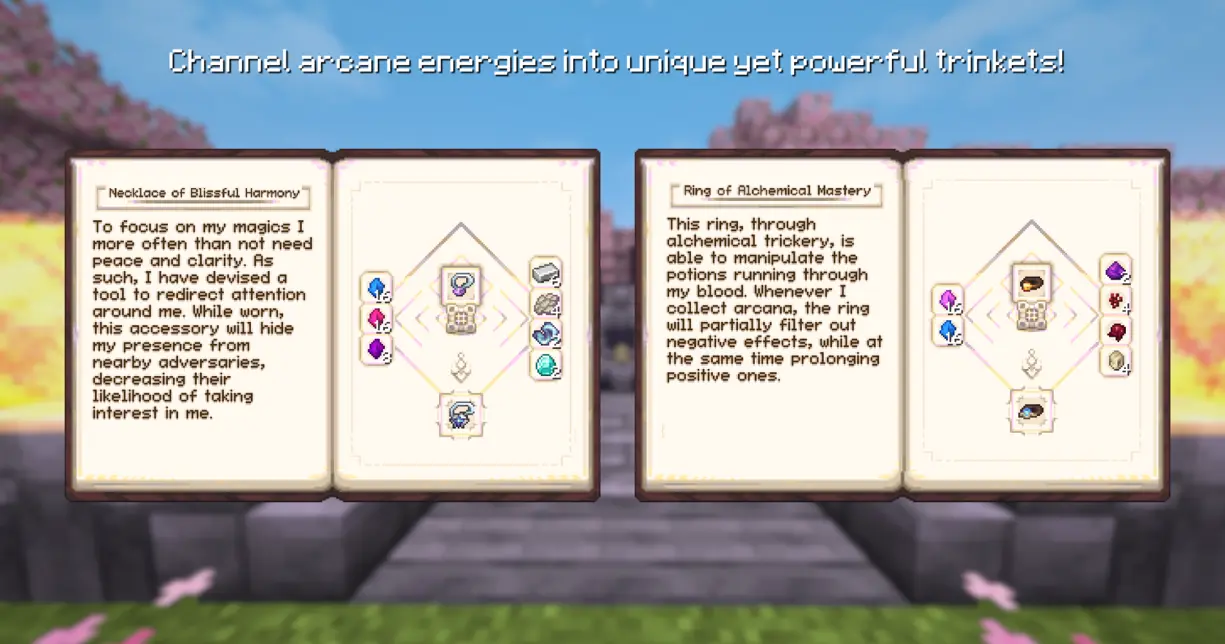 A continuation of the previous image, with a new title "Channel arcane energies into unique yet powerful trinkets!", below are displayed two open books, each showcasing a unique trinket and their respective crafting recipe.