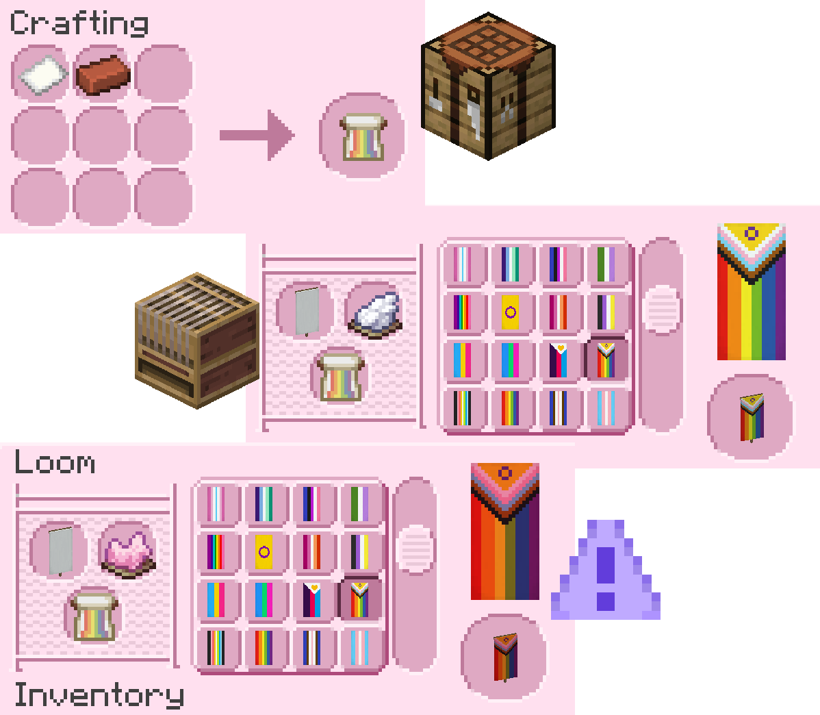 Recipe of Pride banner pattern (1 Paper and 1 Brick) and a preview for the Pride banner pattern in the loom