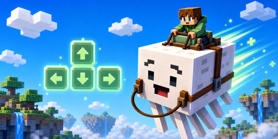Banner artwork for Happy Ghast Controls, showing a cute blocky Happy Ghast flying through the sky with a WASD-style arrow key layout for movement controls.
