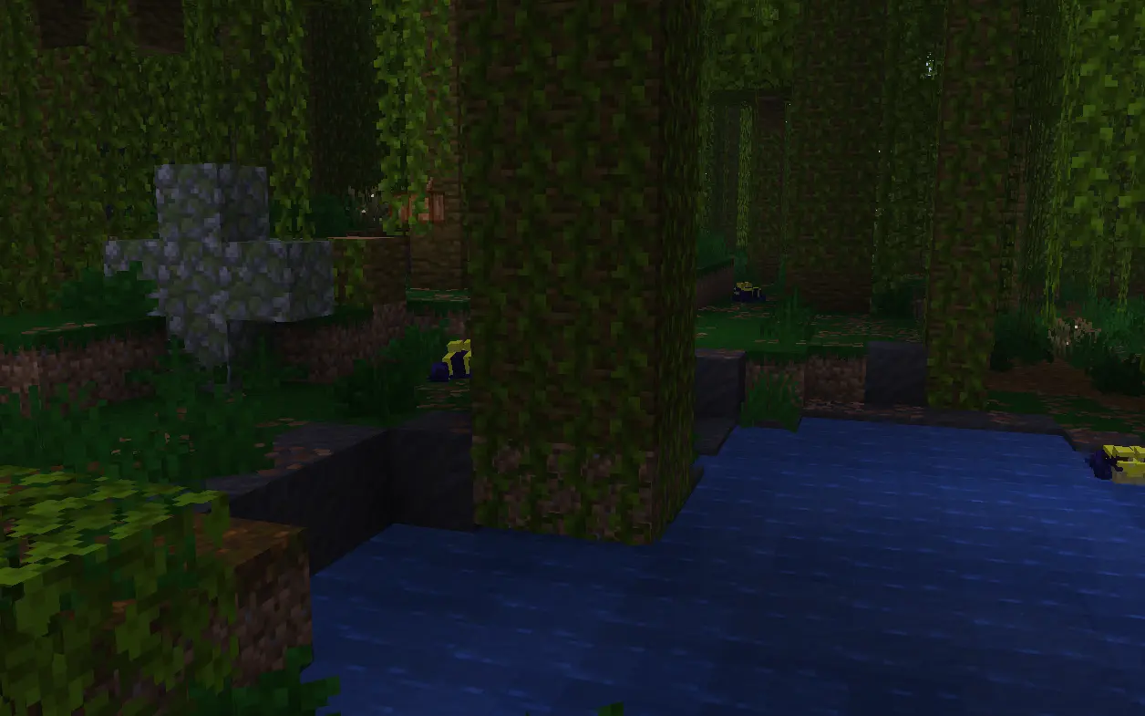 The new jungle biome, now denser, with lakes and mossy cobblestone rocks, and poison-dart frogs!
