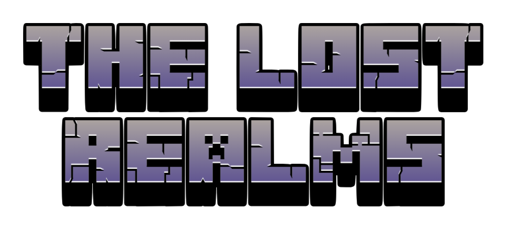 "The Lost Realms" in Minecraft title font with purple gradient.
