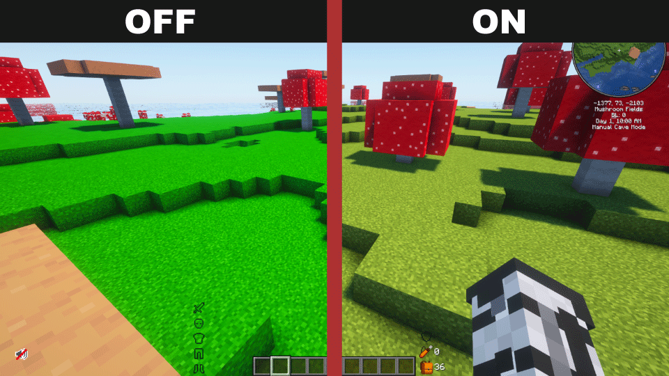 Comparison between pack and vanilla with a grassified Mushroom Island.