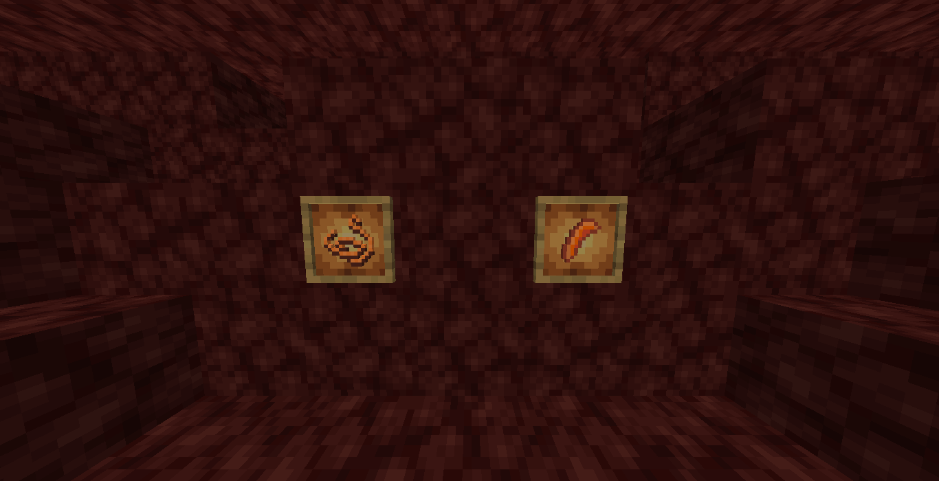 A Flamestrand & Inferno Fang next to eachother in glowing item frames