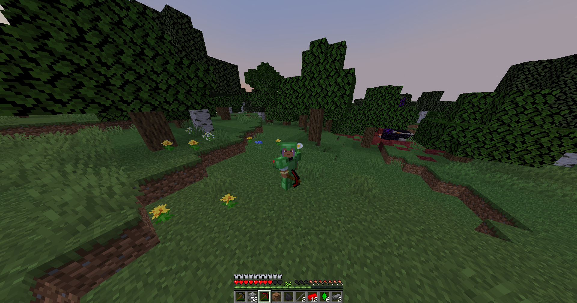 Player with Emerald Armor, holding a Redstone Pickaxe