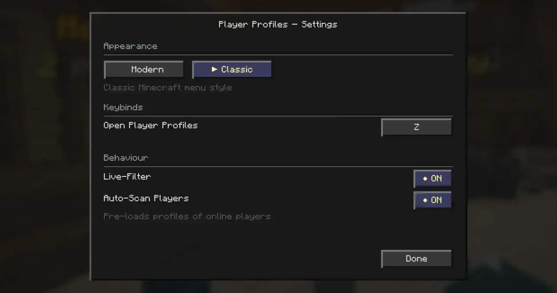 Settings menu with key binding and filter options