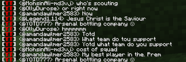 Minecraft chat showing YouTube chat