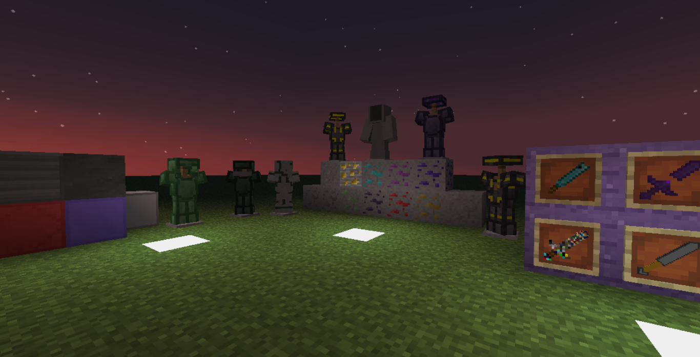 a picture showing multiple armors ores and some weapons