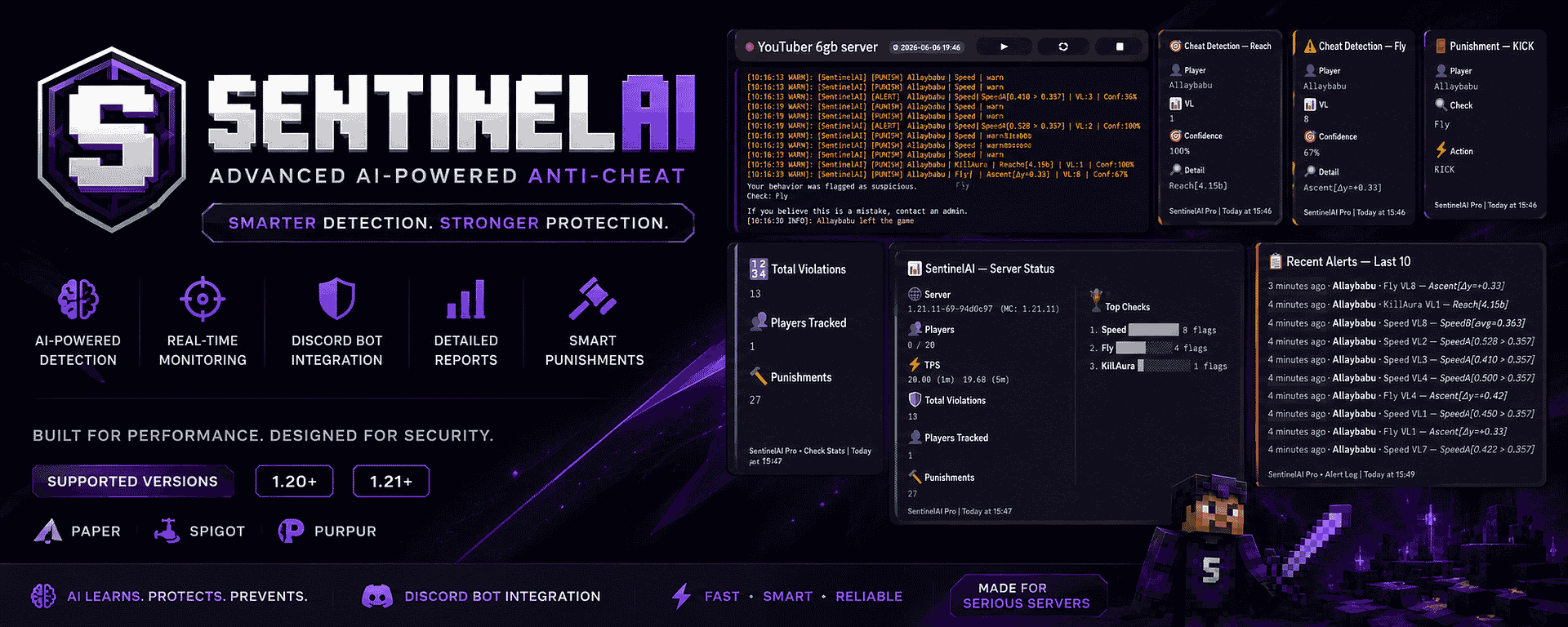 SentinelAI Minecraft anti-cheat plugin banner showcasing AI-powered cheat detection, Discord bot integration, server monitoring dashboard, punishment system, and real-time violation alerts for PaperMC, Spigot, and Purpur servers.