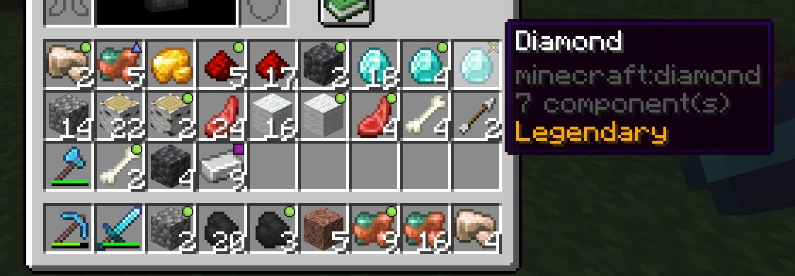 The player inventory, filled with items of different quality