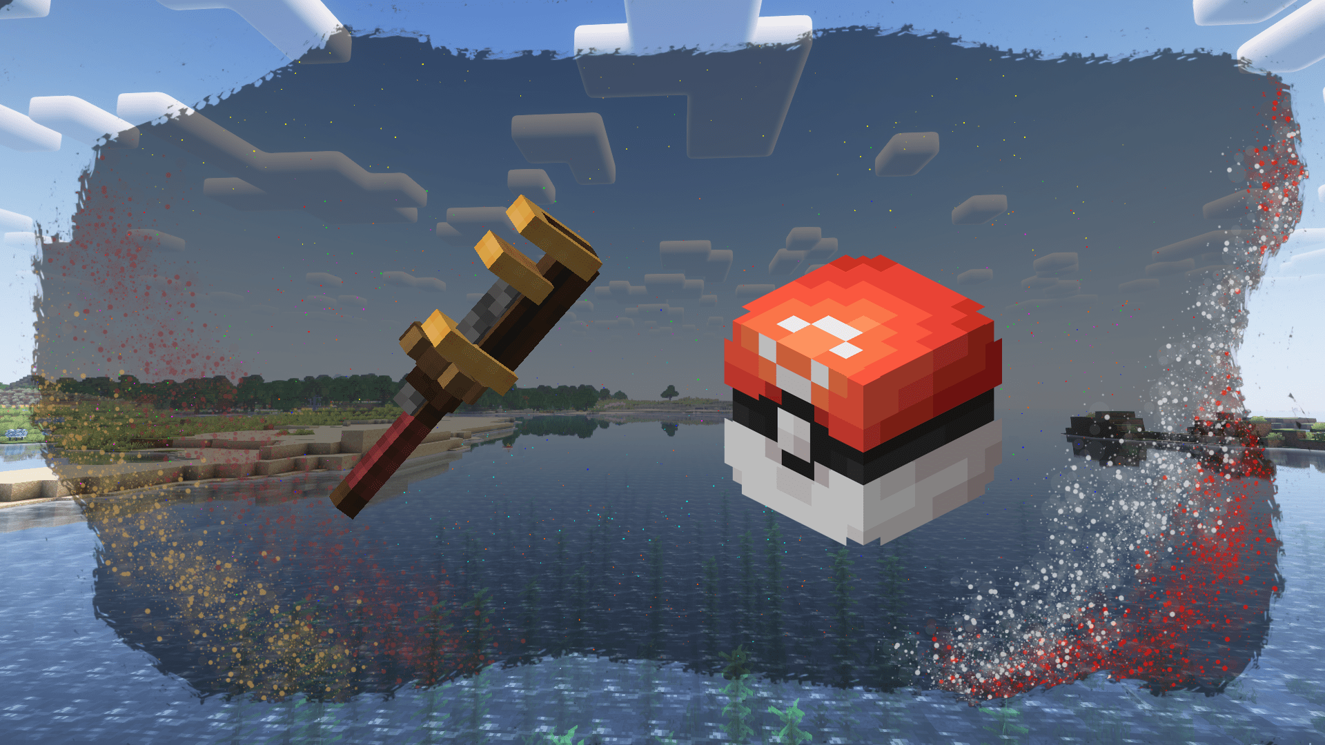 Minecraft Background with a Create Wrench and a Pokeball