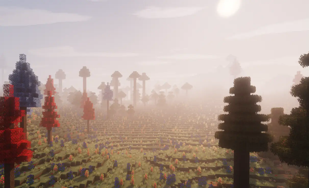 A modded landscape, with red and blue leafage on one side and default dark green on the other, a beautiful sight at the plains.