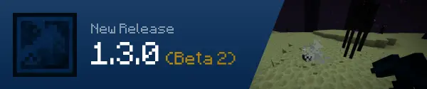 On the left, there is an Abyssium mod icon. On the right side of it, it reads "New Release" and below it, there is a text that reads "1.3.0 (Beta 2)". On the right, it shows a player with an Abyssium pickaxe summoning an Endermite by mining an Infected End Stone in the End.