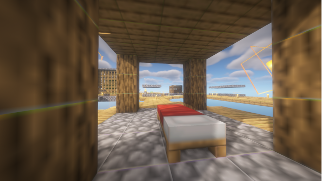 A picture of the uploader's Skyblock world with shaders on, and bilinear filtering on all of the textures.