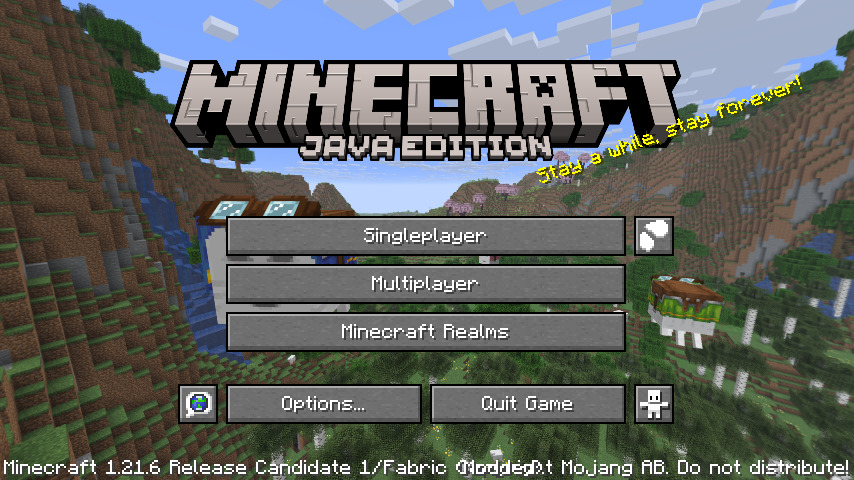A screenshot of Minecraft 1.21.6-rc1's Title Screen with an additional button to regenrate the splash text.