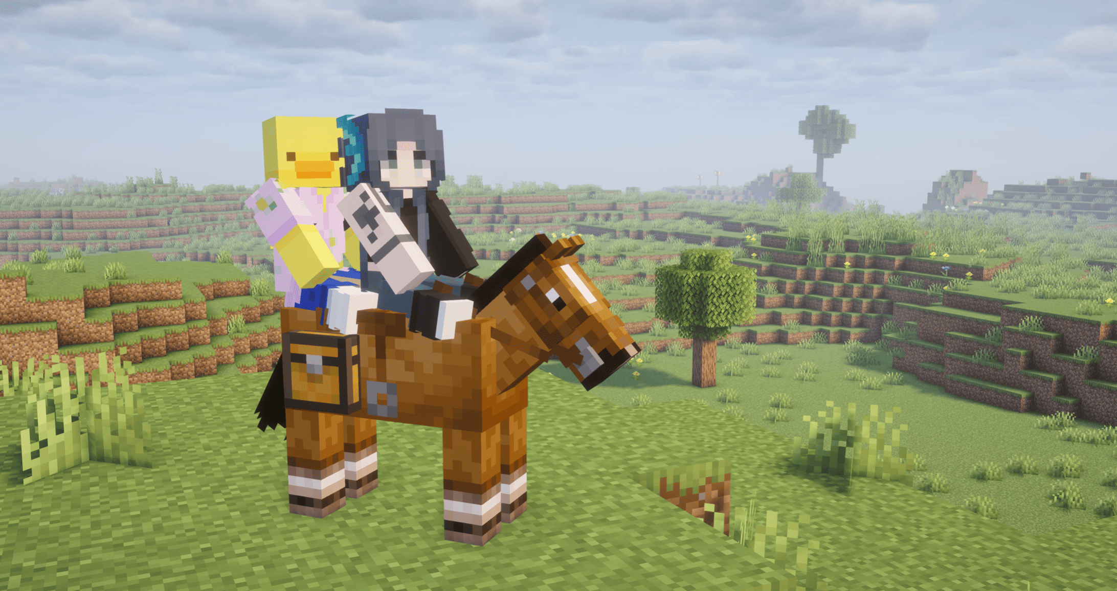 Two players riding a horse with a chest equipped