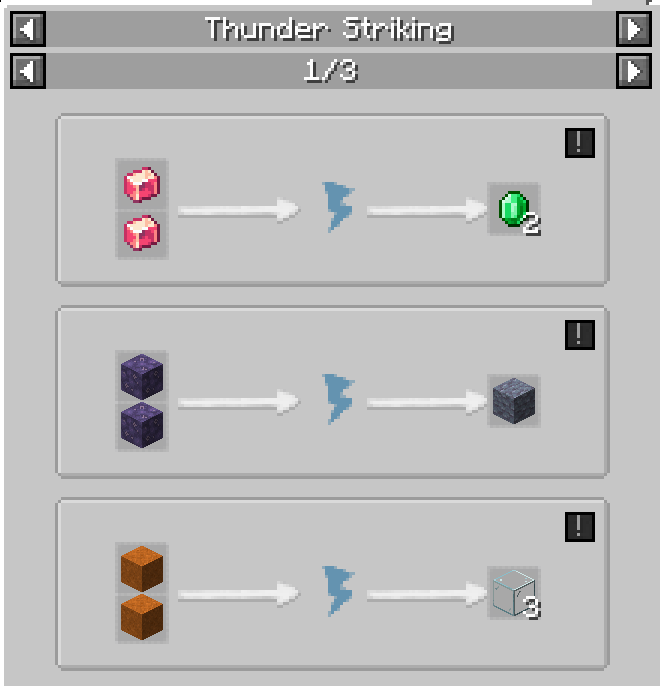 "Thunder Striking" Recipe type showcase with 3 different recipes shown