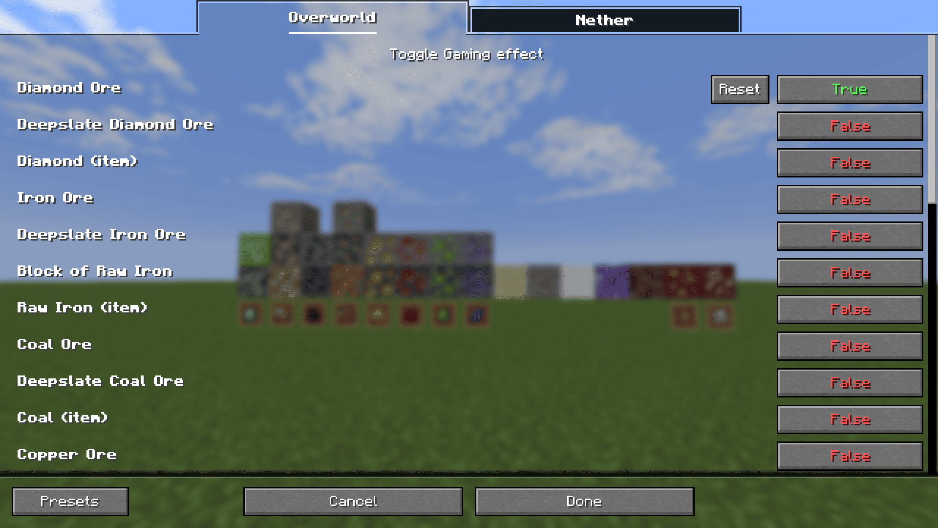 In-game toggle menu