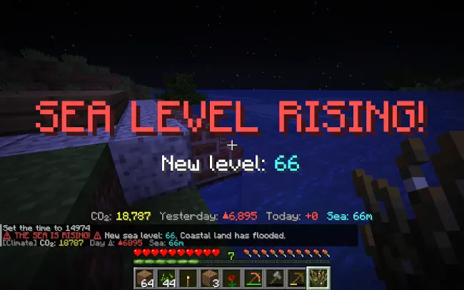 A screen with the warning "Sea level rising!"