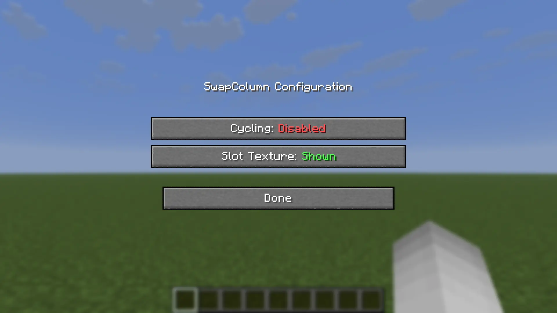SwapColumn configuration screen in Mod Menu, showing the Cycling and Slot Texture toggles