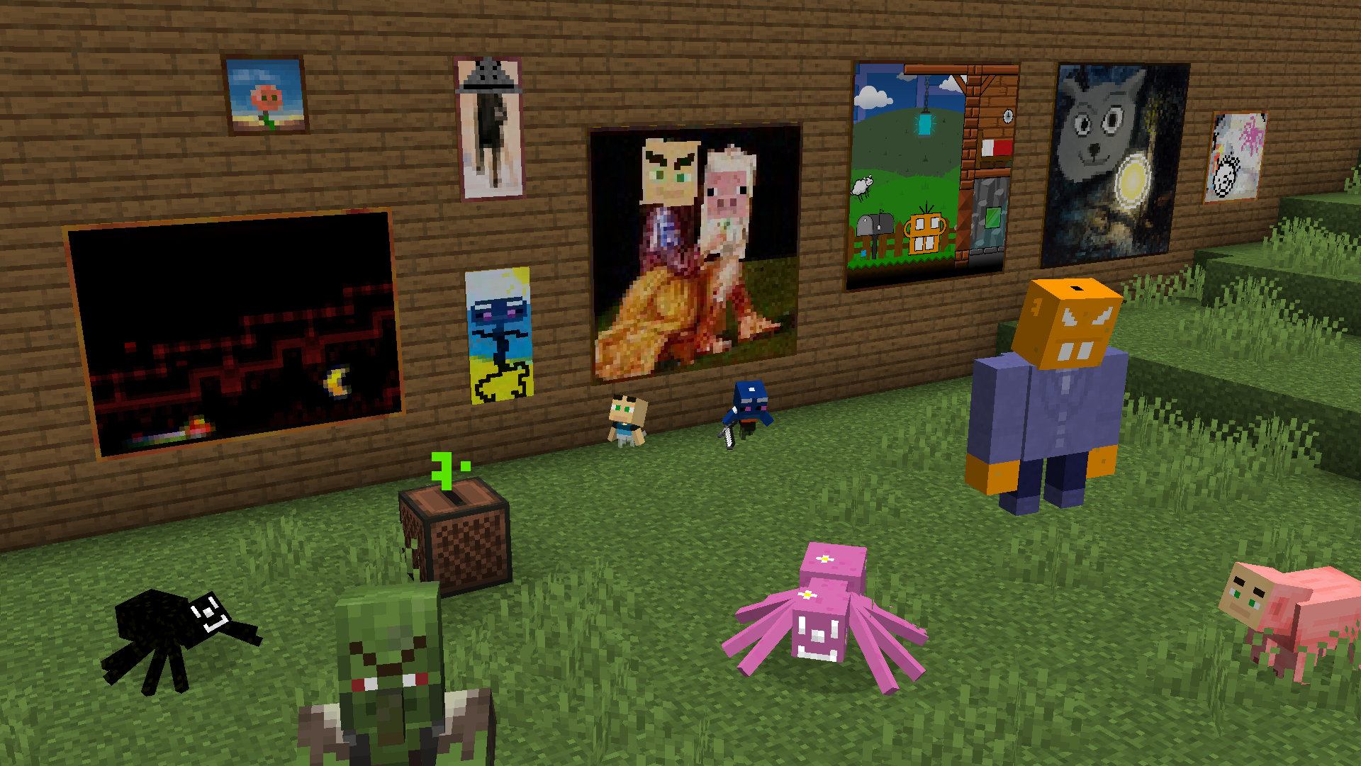 Composition that contains plenty of the PixelitoPack features, like paintings, mobs and particles.
