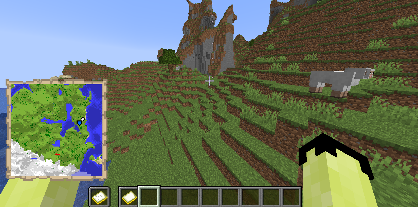 a screenshot of gameplay holding the advanced map item in the players off hand looking a waypoinnt in front of the player 