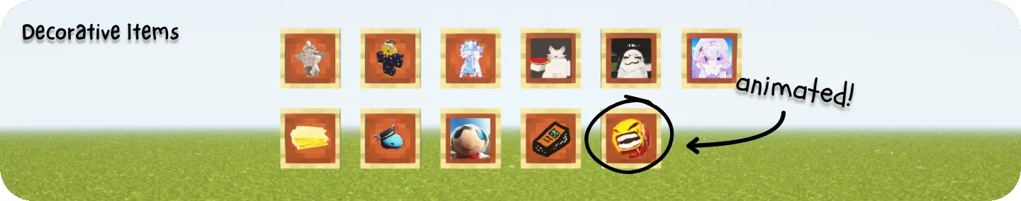 Figure 1. Decorative Items, with one item being pointed at with the word "animated!"