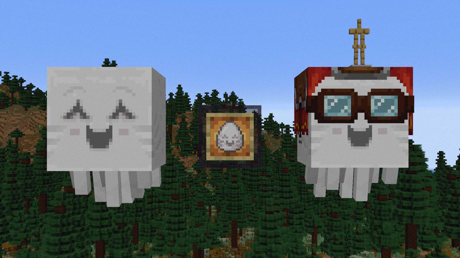 Two big happy ghasts with a very joyful expression floating before a forest. The right one has a red harness on it, with the goggles down. Between them is an item frame with the happy ghasts spawn egg with a matching expression.
