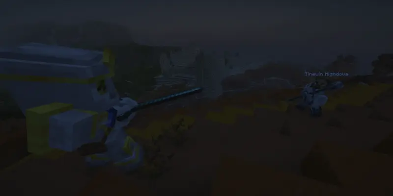 Combat scene of a player paladin and enemy templar at night, with a backdrop of a deep canyon and looming Desert Pyramid