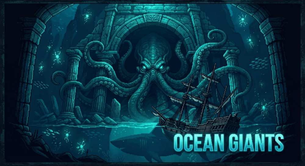 "A detailed pixel art scene from the Ocean Giants mod, showing a colossal kraken emerging from a deep underwater ruin and a massive shark shadow lurking beneath a sunken pirate ship."