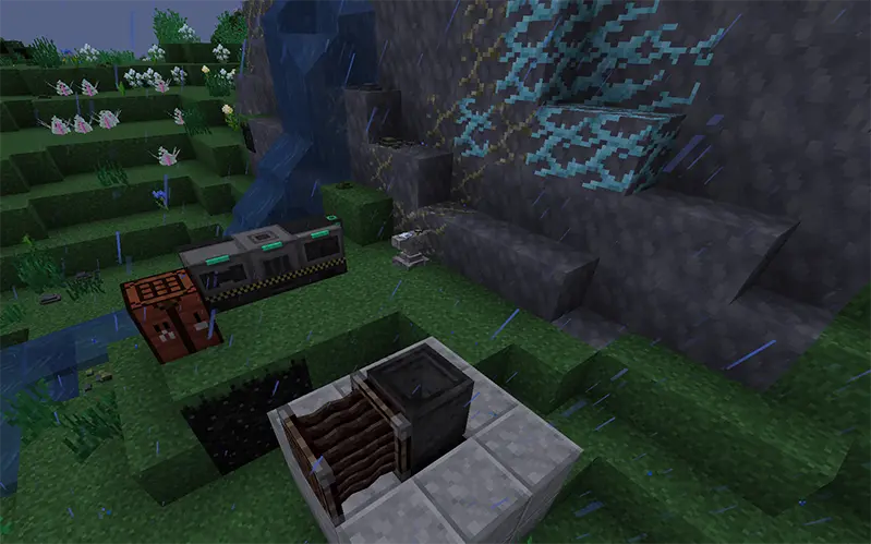The image shows three Mekanism machines, the minerals added by the mod, and a forging table from TerraFirmaCraft.