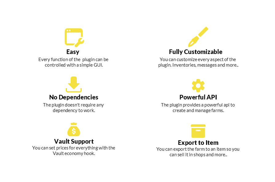 Features: Every function of the plugin can be controlled with a simple GUI. The plugin doesn't require any dependency to work. You can set prices for everything with the Vault economy hook. You can customize every aspect of the plugin. Inventories, messages and more... The plugin provides a powerful api to create and manage farms. You can export the farm to an item so you can sell it in shops and more..