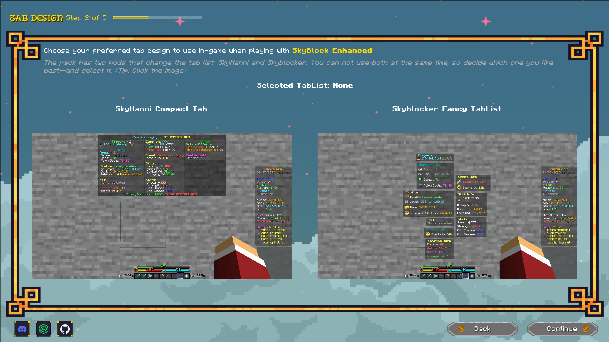 SkyBlock Enhanced tab design selection screen comparing SkyHanni Compact Tab and Skyblocker Fancy TabList layouts