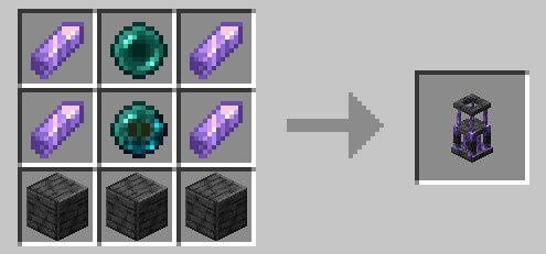 Crafting recipe. Top row: an amethyst shard, an ender pearl, an amethyst shard. Middle row: an amethyst shard, an Eye of Elsewhere, an amethyst shard. Bottom row: three polished deepslate. Yields one Quantum Core.