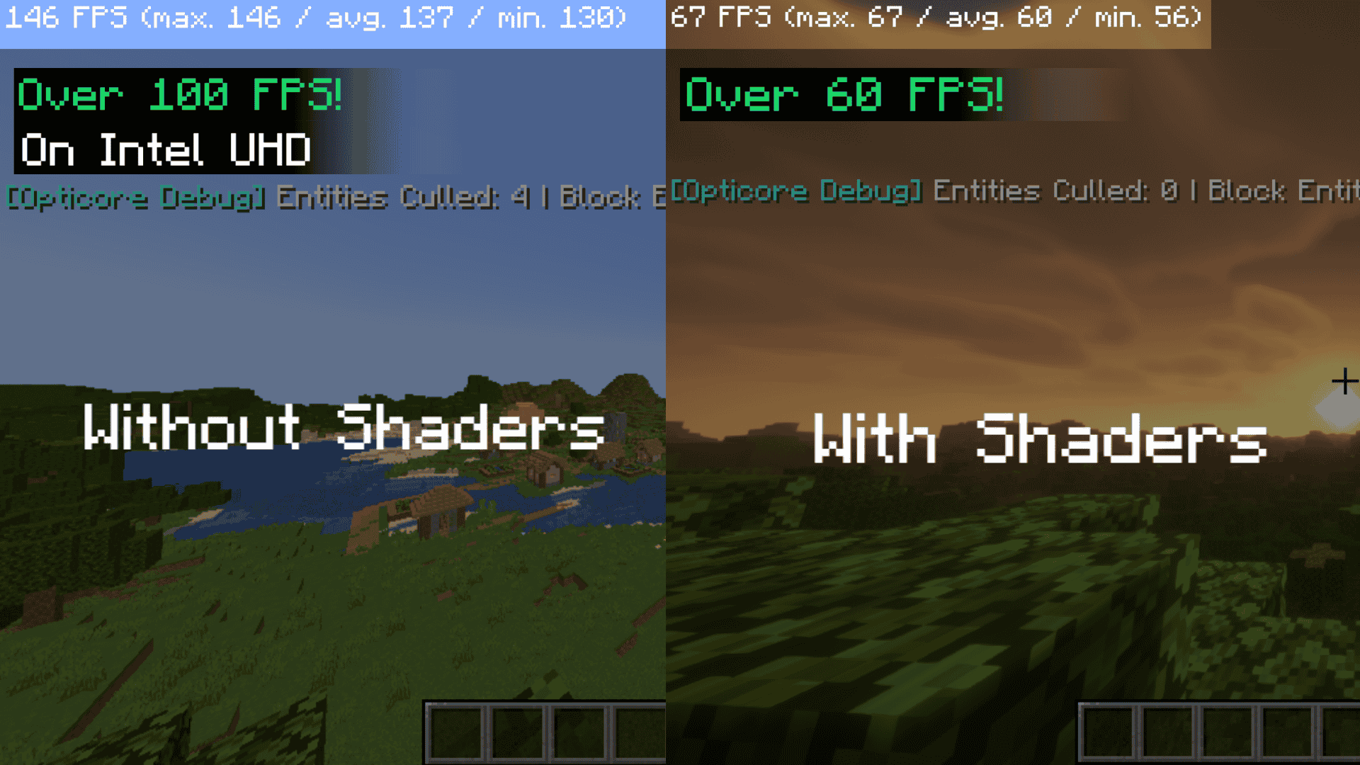 A side-by-side Minecraft comparison showing higher FPS without shaders and better graphics with shaders.