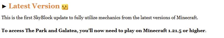 A screen shot of a Hypixel SkyBlock update stating that certain features now require a newer version to access