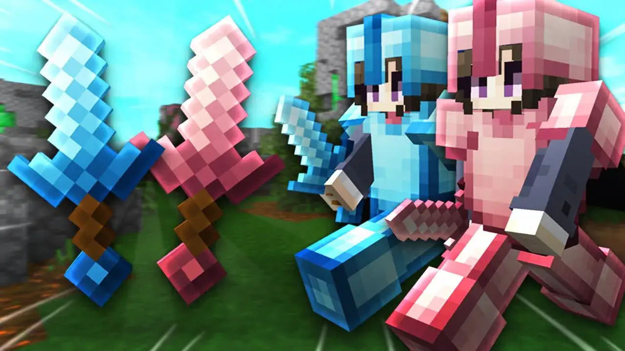 defrosted 16x thumbnail with two swords (blue and pink) and two players wearing armor