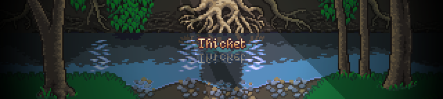 Banner depicting a peaceful forest stream with the title of the mod "Thicket" in the center.