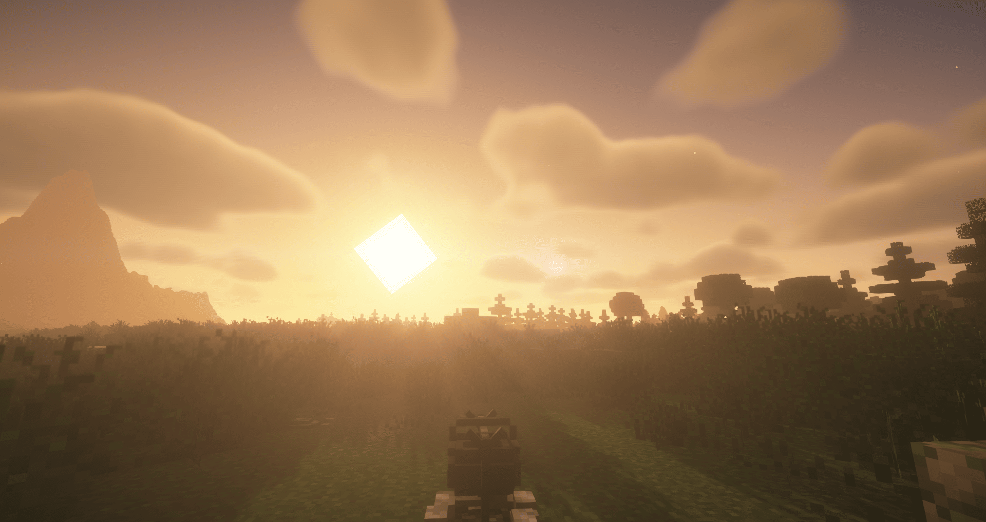 A sunset overlooking a plains with mountains to the left and a forest to the right, there is a cooking pot on a campfire near the viewer