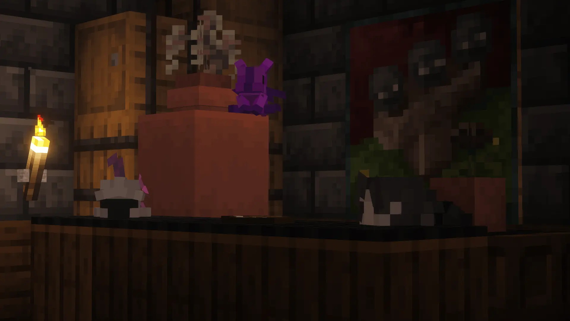 a miniature mock up of osteon's office, featuring a guard, jibble and osteon plushie.