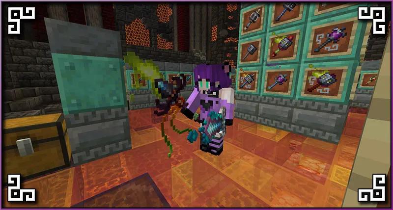 Ratty Wielding a Bane of Arthropods Spear and a Smite Sword infront of a display of Maces