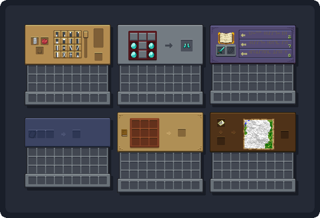 This image shows: Crafting Tables, Cartography Table, Enchanting Table, Crafter, Loom, Smithing Table.