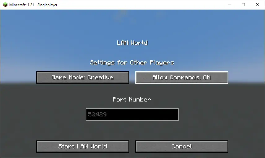 LAN World Minecraft Screen