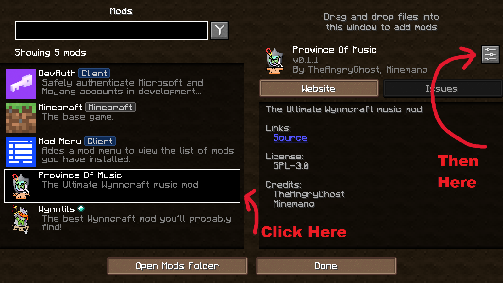 an arrow pointing at the Province Of Music element of the mods list and another one pointing at the configure button