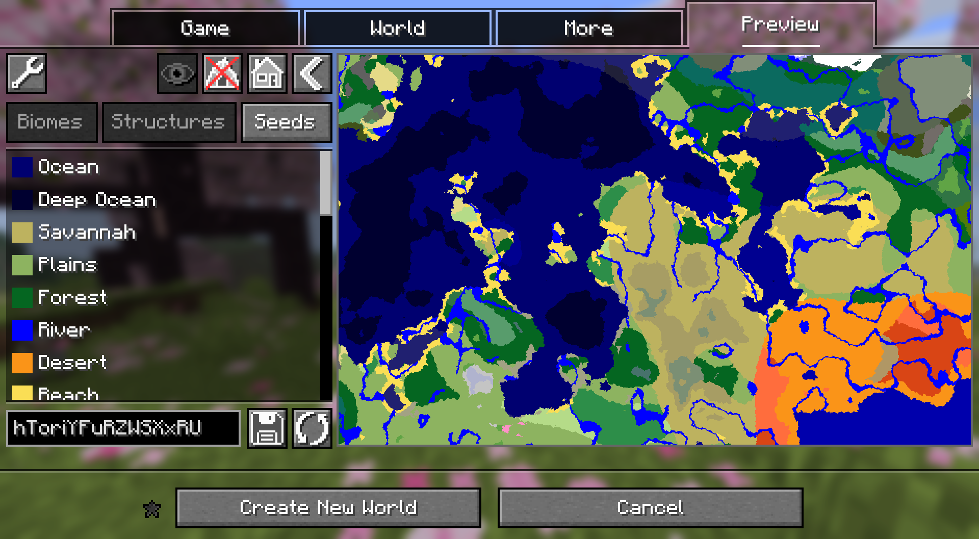 A map of the world seed with a list of biomes and some buttons on the left